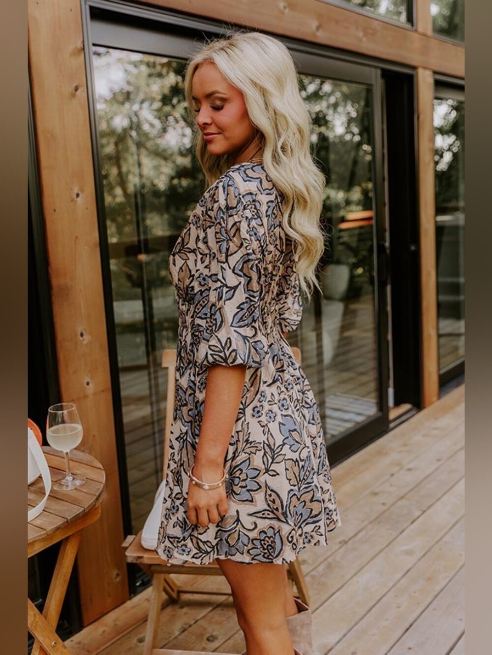 Millibon USA Wishful Weekend Floral Mini Dress cream and black botanical print L - Picture 3 of 7